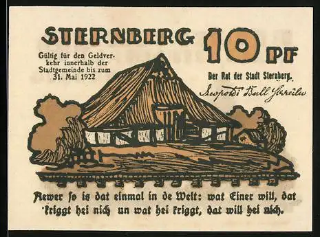 Notgeld Sternberg / Mecklenburg 1922, 10 Pfennig, Kleines Haus, Kirche