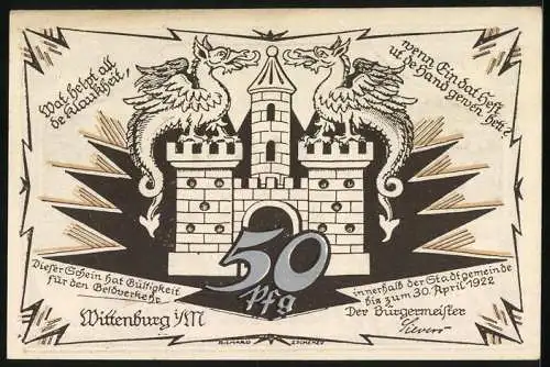 Notgeld Wittenburg i. M. 1922, 50 Pfennig, Rathaus, Drachen