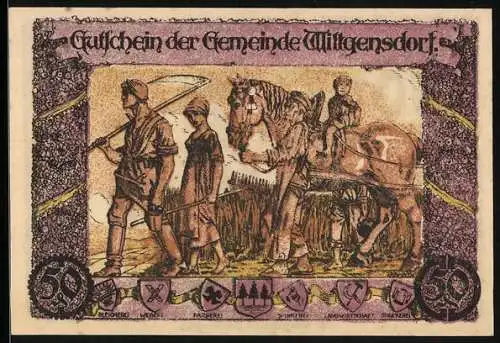 Notgeld Wittgensdorf / Chemnitz 1921, 50 Pfennig, Bauerfamilie mit Pferd, Hofnarr und Bettler