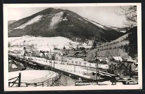 AK Steinhaus am Semmering, Ortsansicht im Winter mit Bergblick