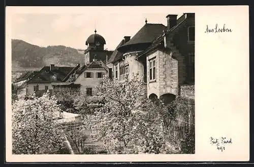 AK Leoben, Ortspartie mit Runddach-Turm