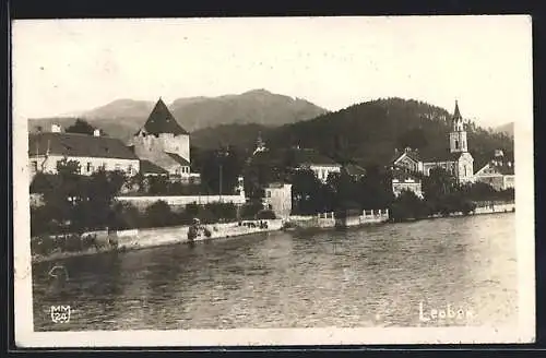 AK Leoben, Ortspanorama vom Wasser aus