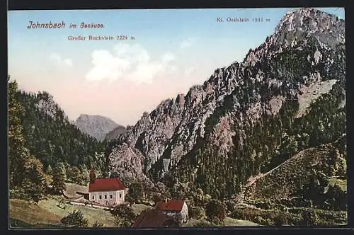 AK Johnsbach im Gesäuse, Ortsansicht aus der Vogelschau mit Grosser Buchstein und Kl. Oedstein