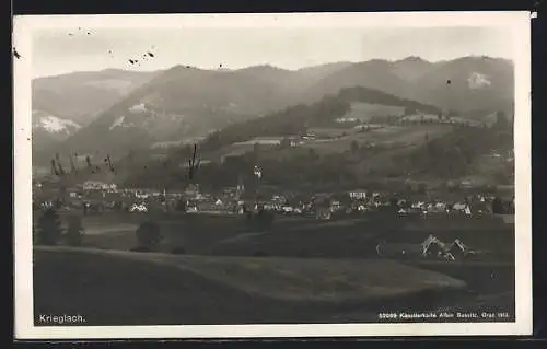 AK Krieglach, Totalansicht mit Bergen aus der Vogelschau