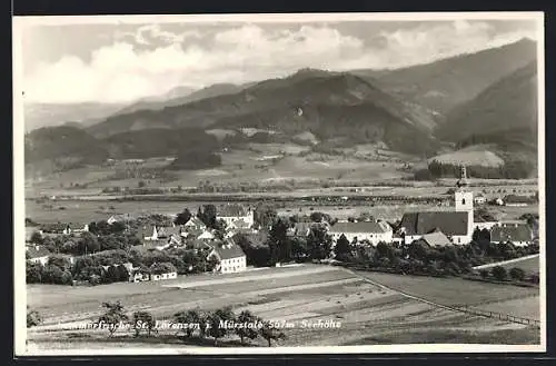AK St. Lorenzen i. Mürztale, Ortsansicht mit Blick in die Berge