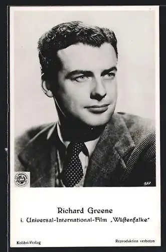 AK Schauspieler Richard Greene Portrait mit Krawatte für den Film Wüstenfalke