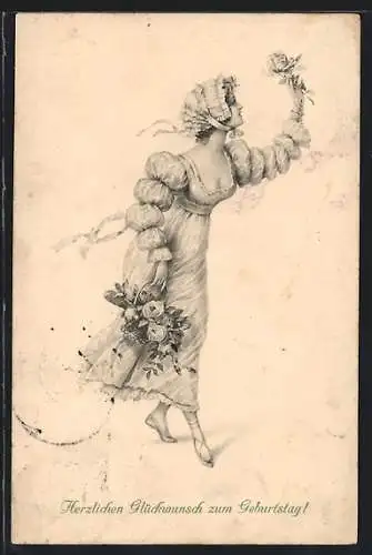 Künstler-AK M. Munk Nr. 505: Junge Frau mit einem Korb voll Rosen, Geburtstagskarte
