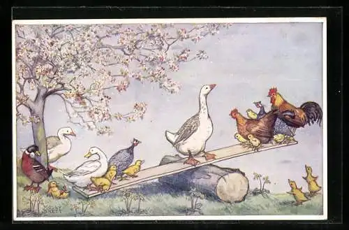 AK Hühner und Gänse auf einer Wippe