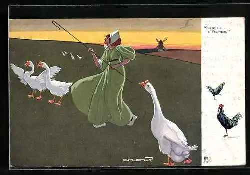 AK Gänsehüterin mit einem Schürhaken, Gänse, Hühner