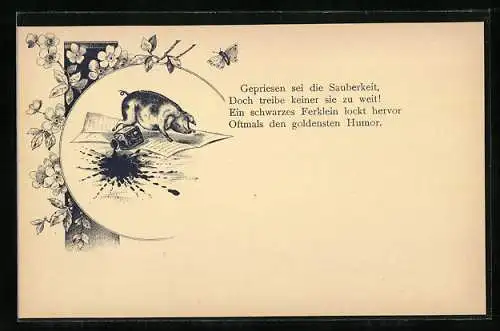 AK Kleines Schwein mit einem umgekippten Tintenfass