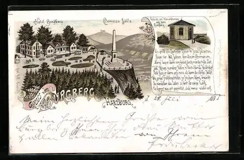 Vorläufer-Lithographie Harzburg, 1895, Das Hotel Burgberg und die Cannossa-Säule, Kaiserbrunnen