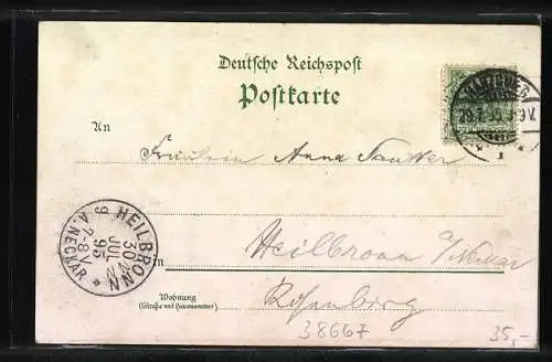 Vorläufer-Lithographie Harzburg, 1895, Das Hotel Burgberg und die Cannossa-Säule, Kaiserbrunnen