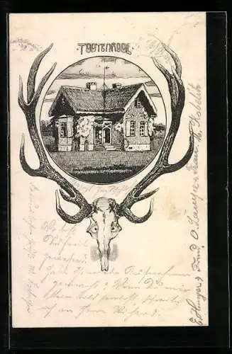 Künstler-AK Todtenrode, Partie an einem Eckhaus, Passepartout mit einem Hirschschädel