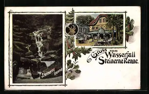 Lithographie Hasserode, Gasthaus Steinerne Renne, Blick auf den Wasserfall