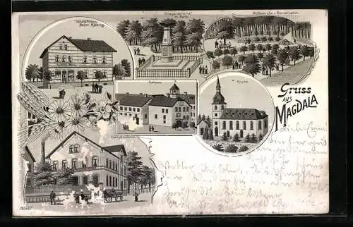 Lithographie Magdala, Moltkesruhe und Bismarkstein, Kirche, Kriegerdenkmal, Rathaus, Dampfmolkerei