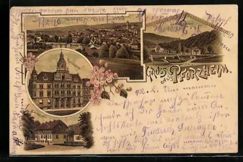 Lithographie Pforzheim, Kupferhammer, Rathaus, Seehaus