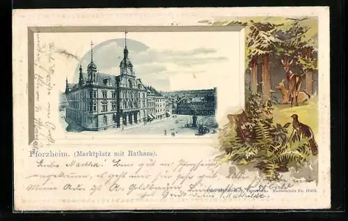 Lithographie Pforzheim, Marktplatz mit Rathaus, Passepartout mit Reh & Auerhahn