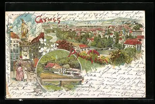 Lithographie Pforzheim, Kriegrdenkmal, Kupferhammer, Panorama