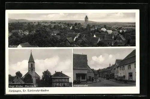 AK Flehingen /Karlsruhe, Ortsansicht aus der Vogelschau, Evgl. Kirche und Pfarrhaus, Hauptstrasse