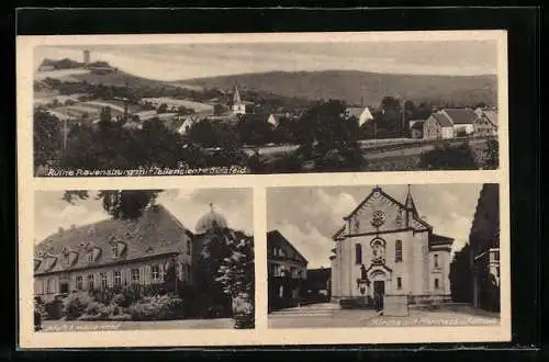 AK Sulzfeld / Baden, Ruine Ravensburg, Schloss Amalienhof, Kirche mit Pfarrhaus und Rathaus