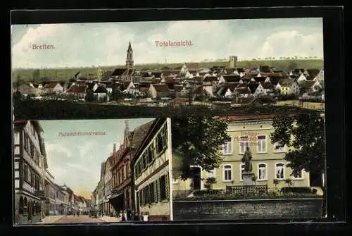 AK Bretten, Gesamtansicht, Melanchthonstrasse und -denkmal