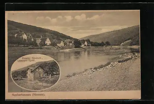 AK Neckarhausen /Hessen, Ortsansicht am Fluss, Pension Elisabeth, Inh. Leonhard Egner