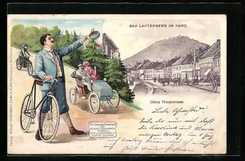 AK Bad Lauterberg im Harz, Obere Hauptstrasse, Passepartout mit Fahrradfahrer, Reklame für Stukenbrok