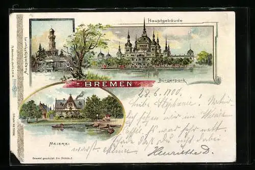 Lithographie Bremen, Bürgerpark, Meierei, Hauptgebäude