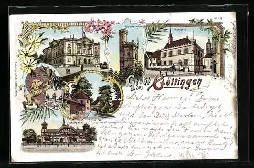 Lithographie Göttingen, Theater, Bismarckthurm, Rathaus
