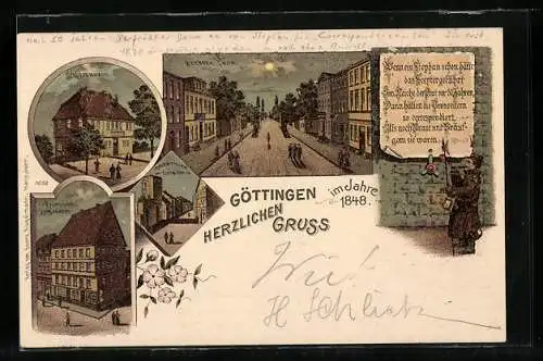 Lithographie Göttingen, Gasthaus Schützenhaus, Weender Thor, Kaufgilde Haus-Markt