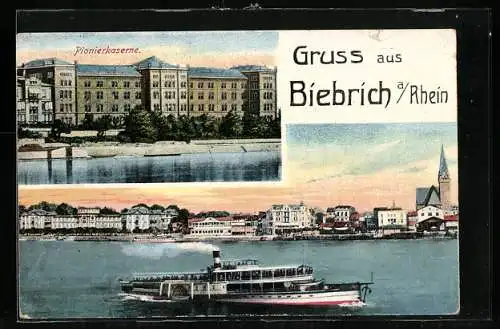 AK Biebrich / Rhein, Pionierkaserne, Ortsansicht mit Dampfer