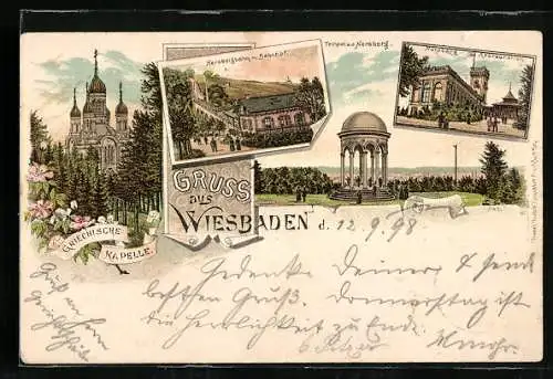 Lithographie Wiesbaden, Nerobergbahn mit Bahnhof, Tempel a.d. Neroberg, Neroberg-Restauration, Griech. Kapelle