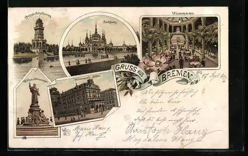 Lithographie Bremen, Parkhaus, Hillmann`s Hotel, Wilhadibrunnen