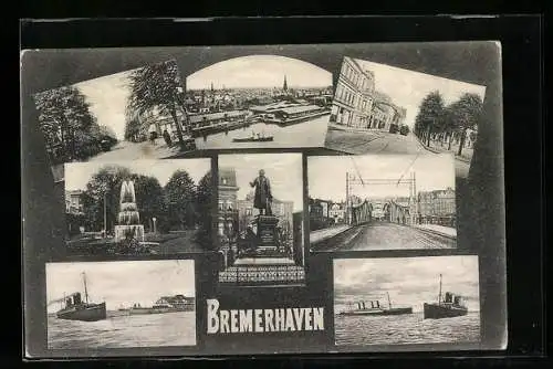 AK Bremerhaven, Strassenpartie mit Strassenbahn, Dampfer vor dem Hafen