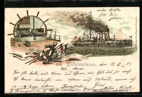 Lithographie Wilhelmshaven, Dampfer mit Kanonen in voller Fahrt