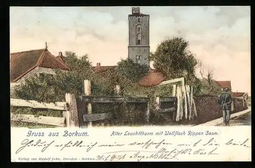 AK Borkum, Alter Leuchtturm mit Wallfisch Rippen Zaun