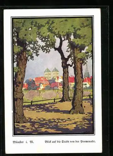 Künstler-AK Münster i.W., Blick auf die Stadt von der Promenade