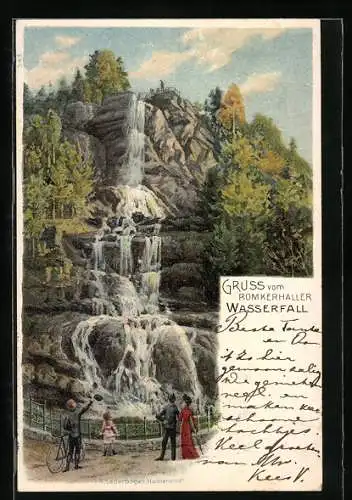 Lithographie Romkerhaller Wasserfall und Besuchergruppe mit Fahrrad