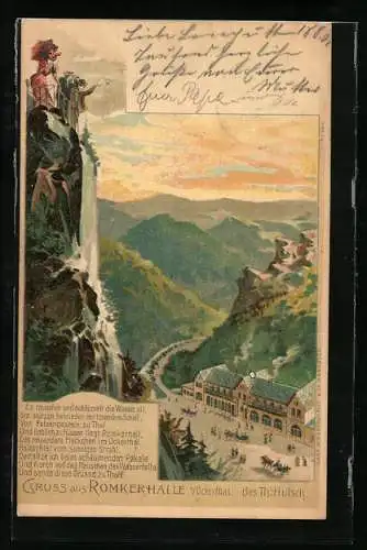 Künstler-AK Romkerhalle i. Ockerthal, Aussichtspunkt auf dem Felsen mit Talpanorama