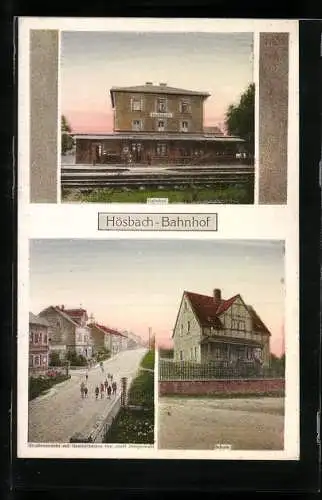 AK Hösbach, Bahnhof, Strassenpartie mit Geschäftshaus von Josef Steigerwald, Schule
