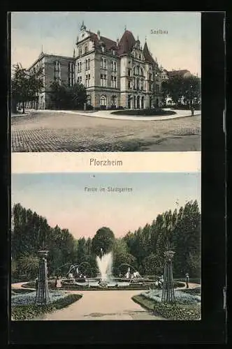 AK Pforzheim, Saalbau und Fontäne im Stadtgarten