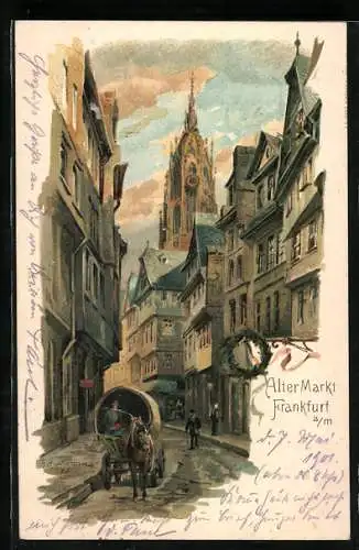 Lithographie Alt-Frankfurt, Pferdegespann am alten Markt