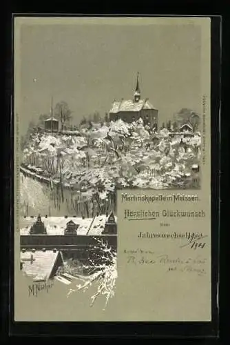 Lithographie Meissen / Elbe, Martinskapelle im Winter, Neujahrskarte