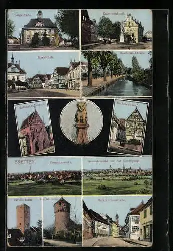 AK Bretten, Postgebäude, Kaiserdenkmal, Melanchthon-Haus, Simmelturm, Pfeifferturm