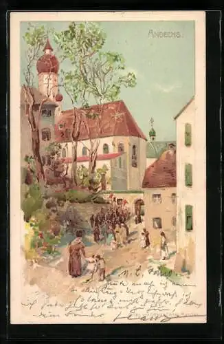 Lithographie Andechs, Prozession vor der Kirche