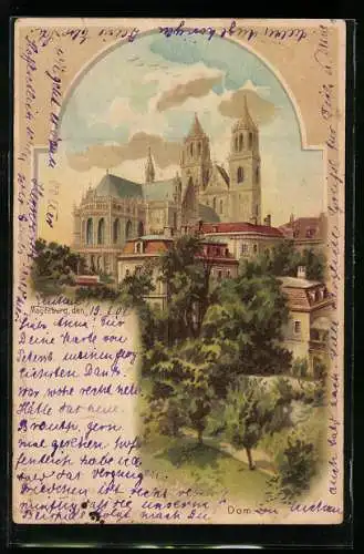 Lithographie Magdeburg, Panoramablick auf den Dom