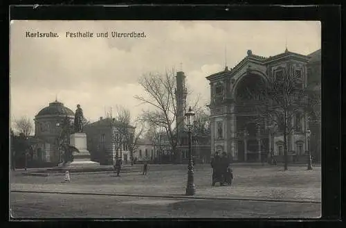 AK Karlsruhe, Festhalle und Bismarckdenkmal