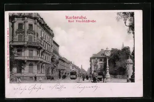 AK Karlsruhe, Karl Friedrichstrasse, Strassenbahn