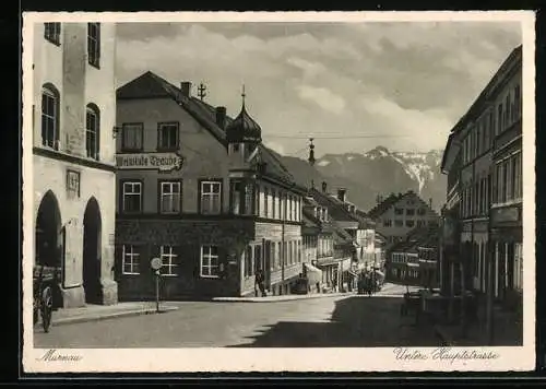 AK Murnau / Staffelsee, Untere Hauptstrasse mit Gasthaus Traube