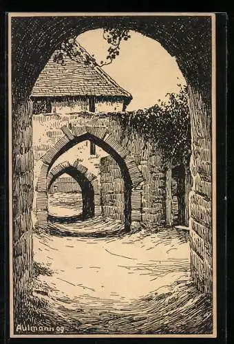 Künstler-AK Rüsselsheim a. M., Blick auf die Festung, Inneres Burgtor